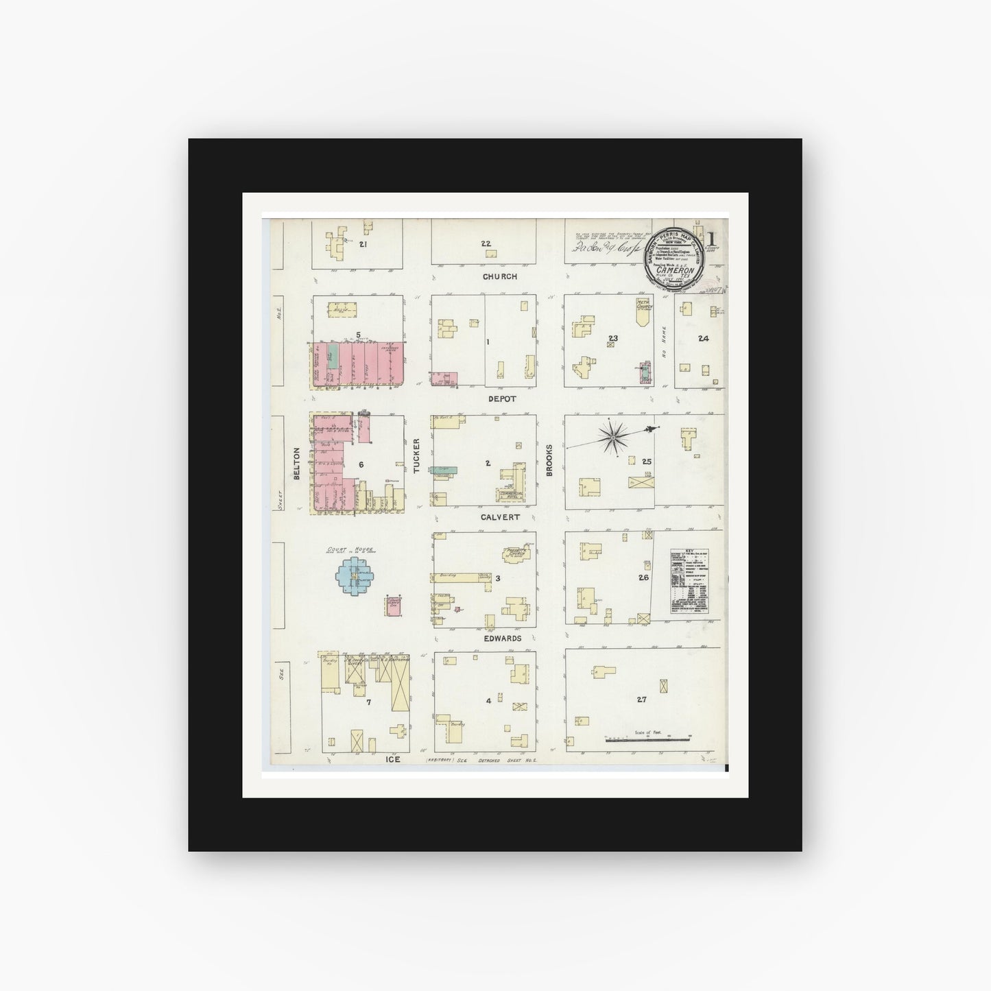 Old map wall art mockup — black gallery frame with white mat — Sanborn Fire Insurance Map from Cameron, Milam County, Texas (1891), Sheet #0001
