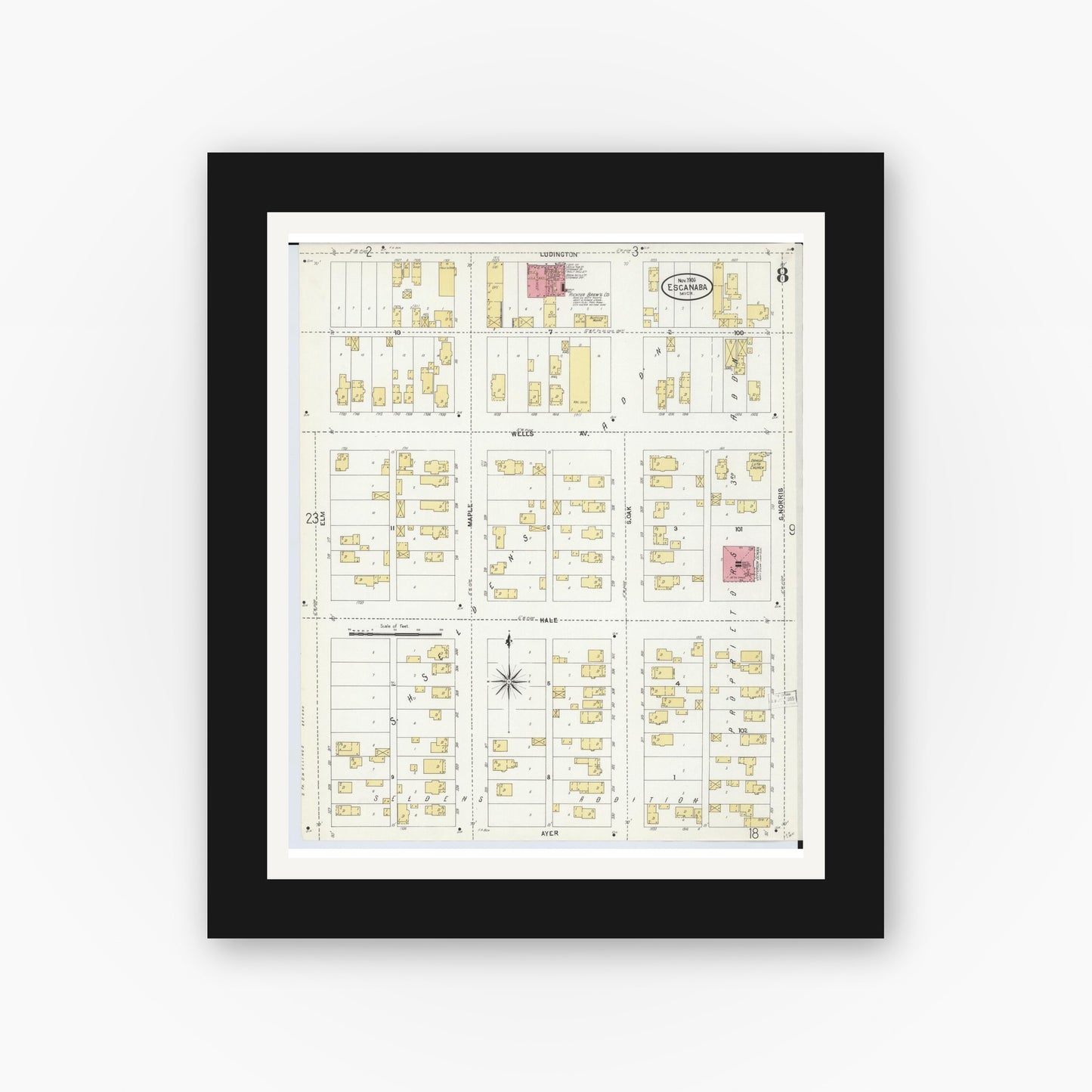 Old map wall art mockup — black gallery frame with white mat — Sanborn Fire Insurance Map from Escanaba, Delta County, Michigan (1906), Sheet #0008