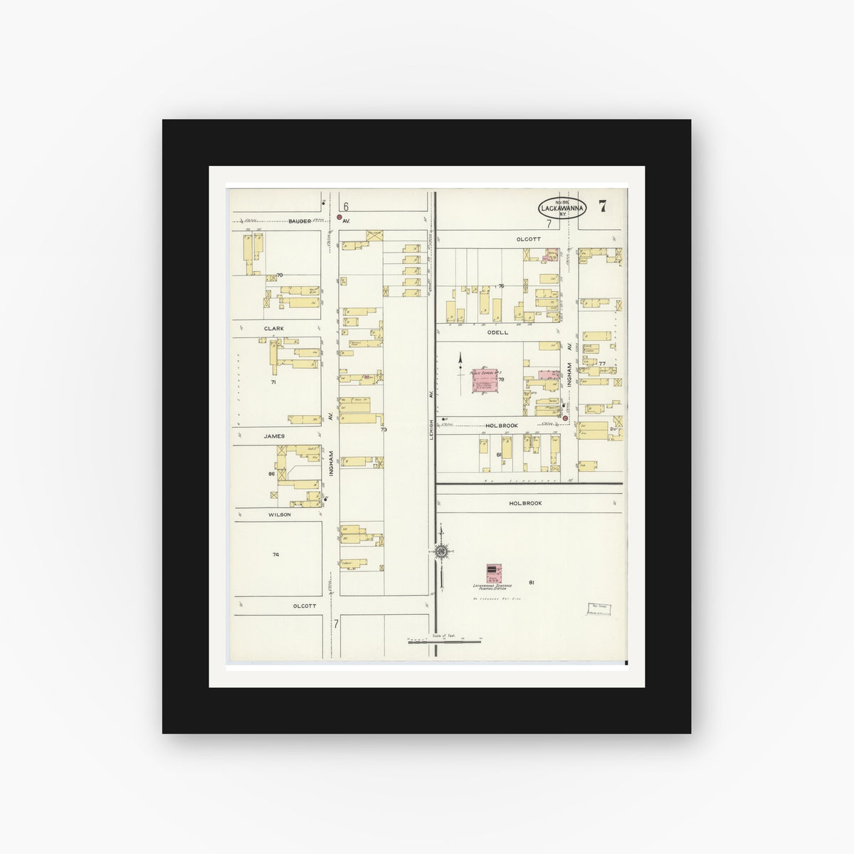 Old map wall art mockup — black gallery frame with white mat — Sanborn Fire Insurance Map from Lackawanna, Erie County, New York (1915), Sheet #0007