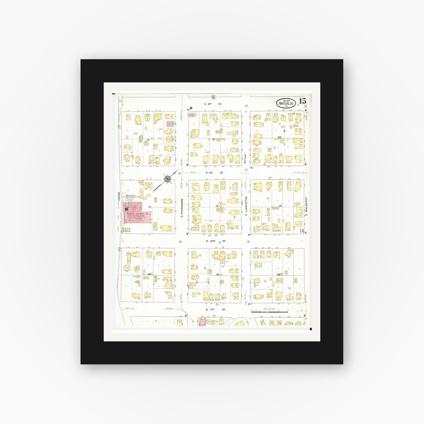 Old map wall art mockup — black gallery frame with white mat — Sanborn Fire Insurance Map from Waterloo, Black Hawk County, Iowa (1910), Sheet #0015