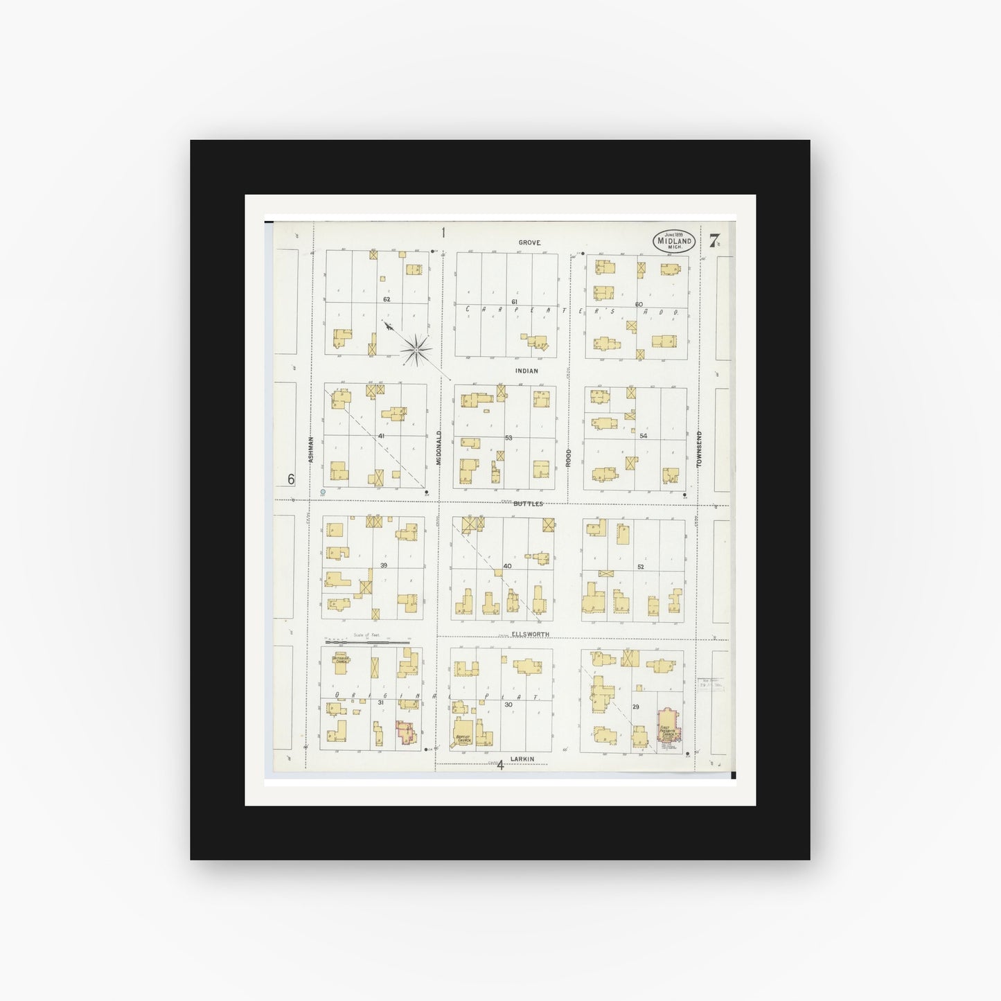 Old map wall art mockup — black gallery frame with white mat — Sanborn Fire Insurance Map from Midland, Midland County, Michigan (1899), Sheet #0007