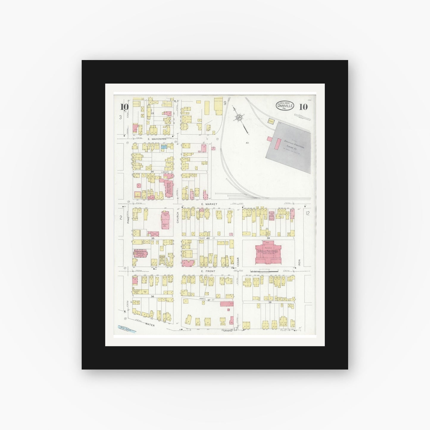 Old map wall art mockup — black gallery frame with white mat — Sanborn Fire Insurance Map from Danville, Montour County, Pennsylvania (1930), Sheet #0010