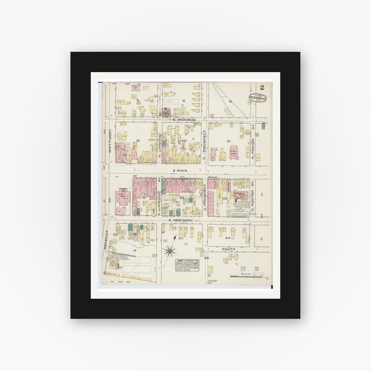 Old map wall art mockup — black gallery frame with white mat — Sanborn Fire Insurance Map from Norwalk, Huron County, Ohio (1884), Sheet #0002