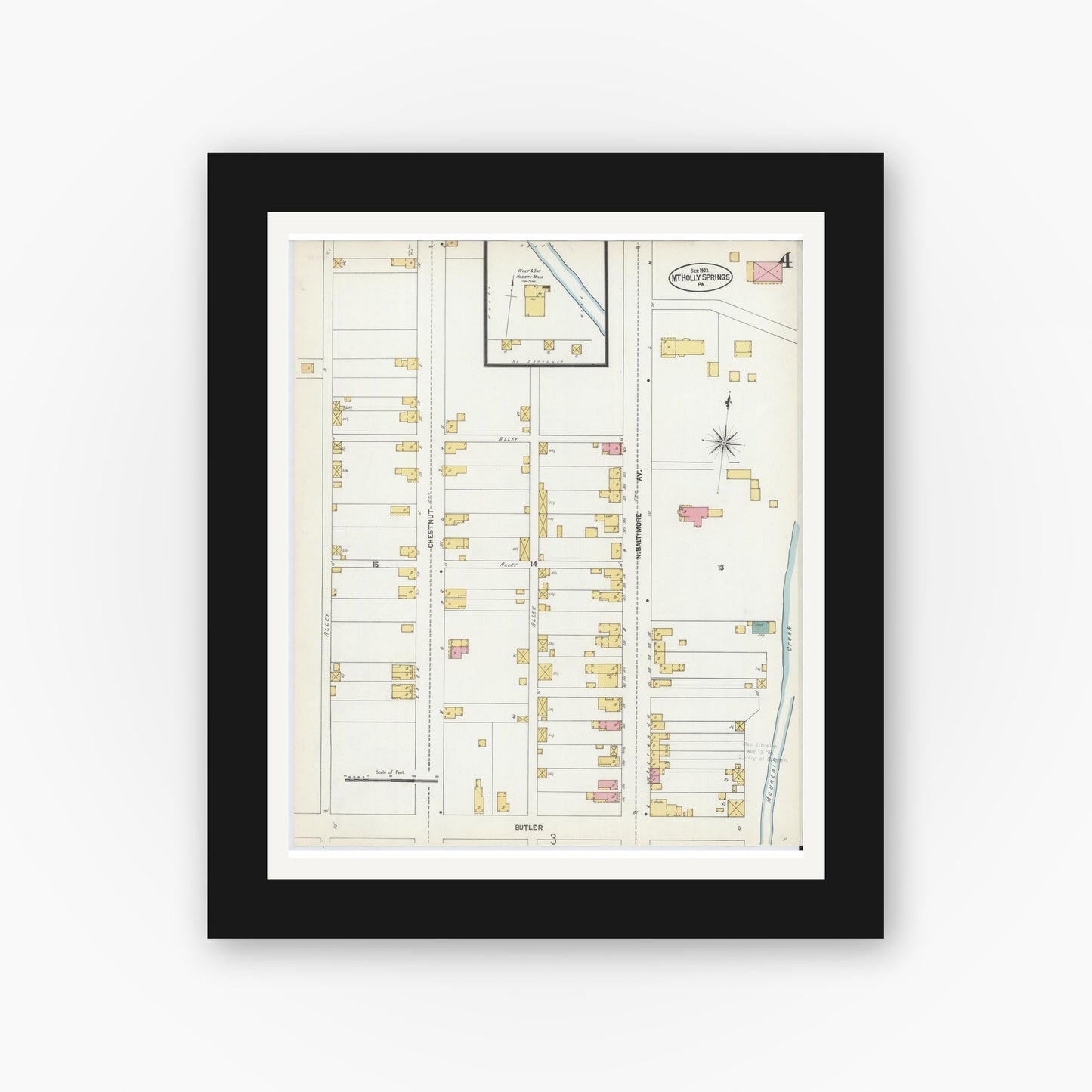 Old map wall art mockup — black gallery frame with white mat — Sanborn Fire Insurance Map from Mount Holly Springs, Cumberland County, Pennsylvania (1902), Sheet #0004