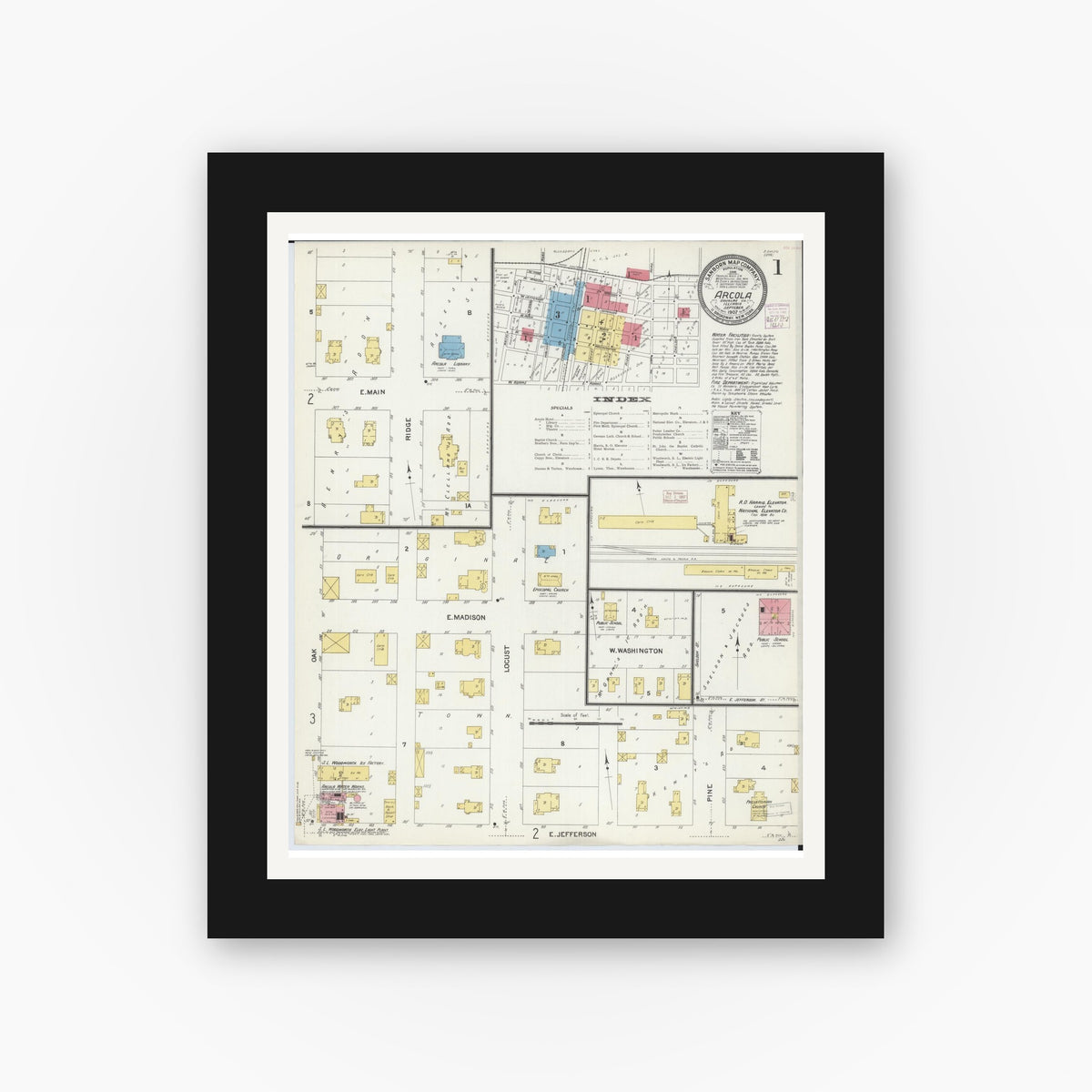 Old map wall art mockup — black gallery frame with white mat — Sanborn Fire Insurance Map from Arcola, Douglas County, Illinois (1907) - Complete Map Set