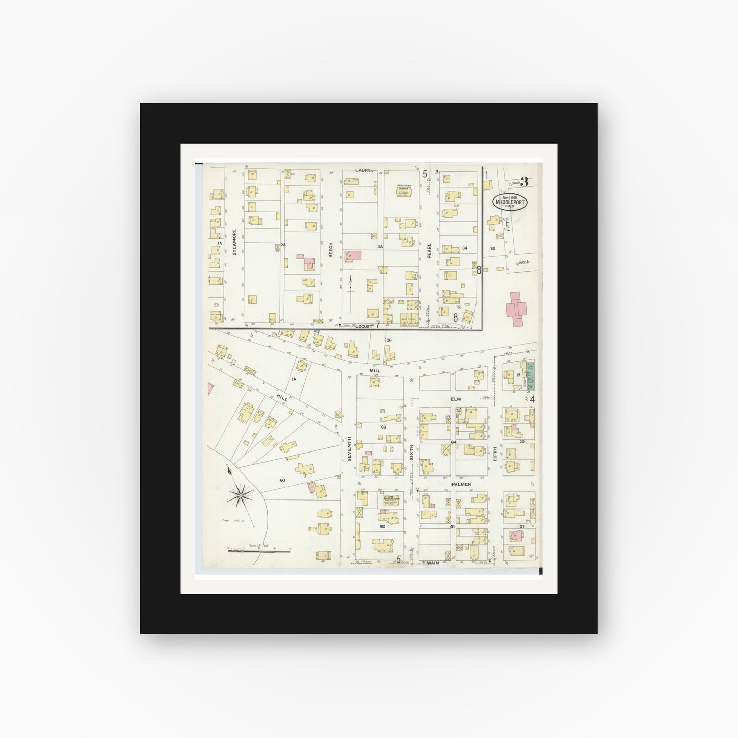 Old map wall art mockup — black gallery frame with white mat — Sanborn Fire Insurance Map from Middleport, Meigs County, Ohio (1908), Sheet #0003