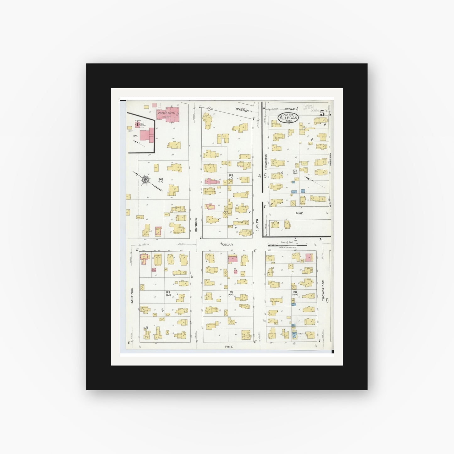 Old map wall art mockup — black gallery frame with white mat — Sanborn Fire Insurance Map from Allegan, Allegan County, Michigan (1918), Sheet #0005