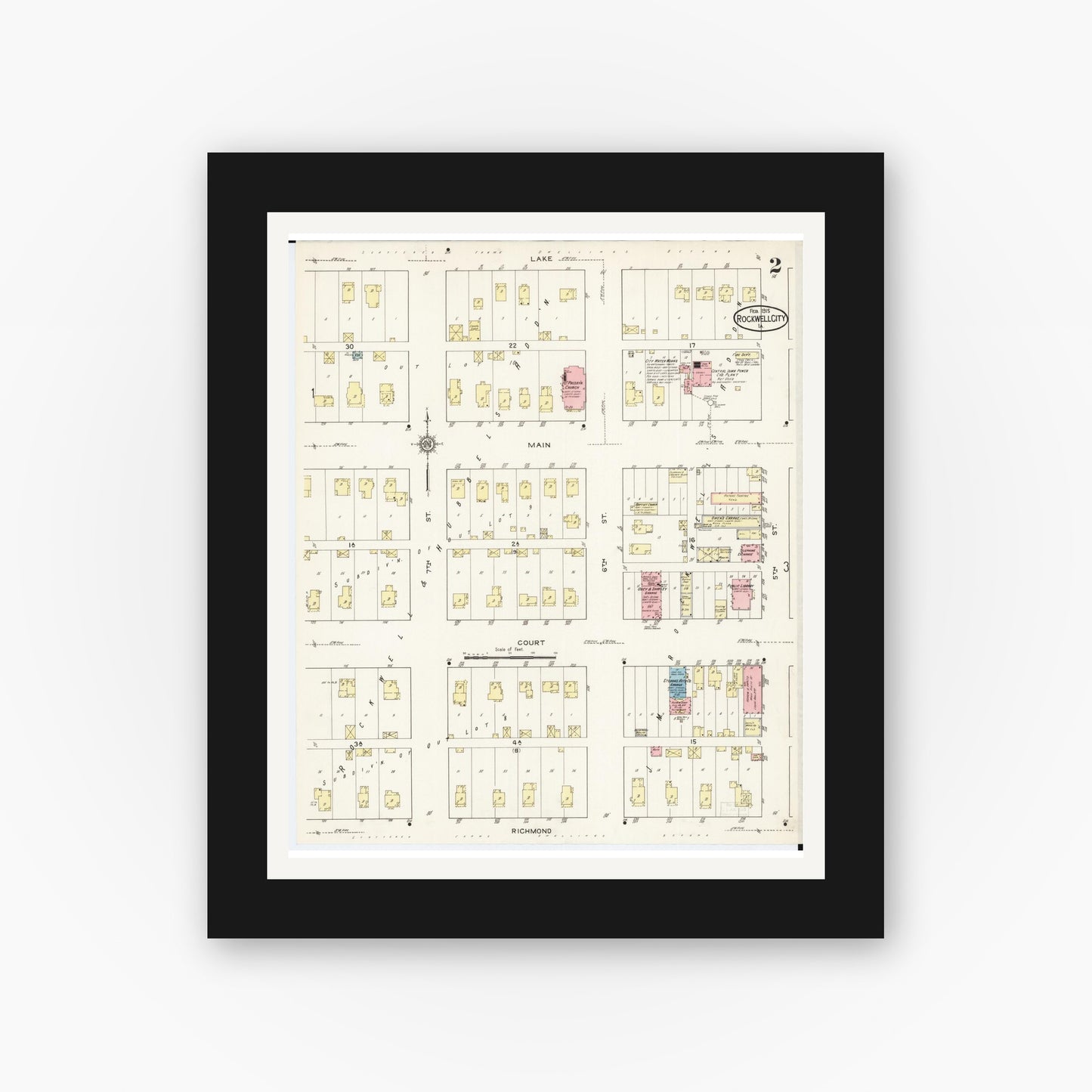 Old map wall art mockup β black gallery frame with white mat β Sanborn Fire Insurance Map from Rockwell City, Calhoun County, Iowa (1915), Sheet #0002