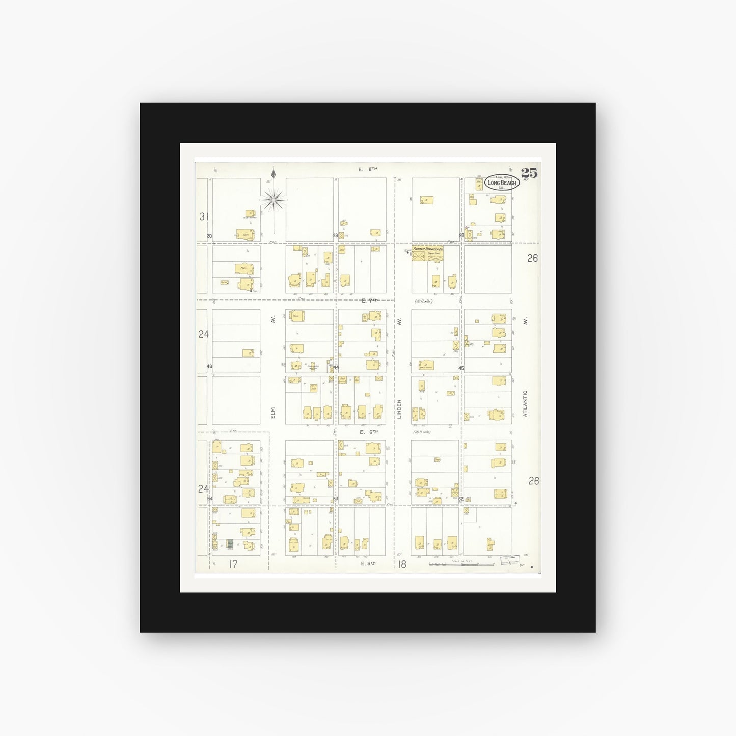 Old map wall art mockup — black gallery frame with white mat — Sanborn Fire Insurance Map from Long Beach, Los Angeles County, California (1905), Sheet #0025