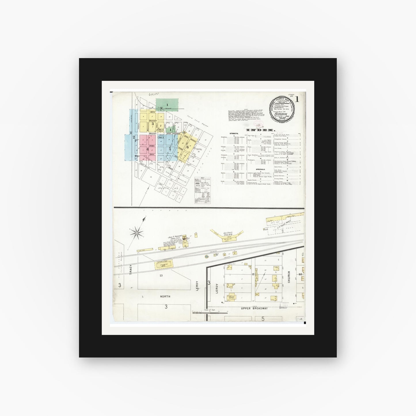 Old map wall art mockup — black gallery frame with white mat — Sanborn Fire Insurance Map from Audubon, Audubon County, Iowa (1896) — Complete Set