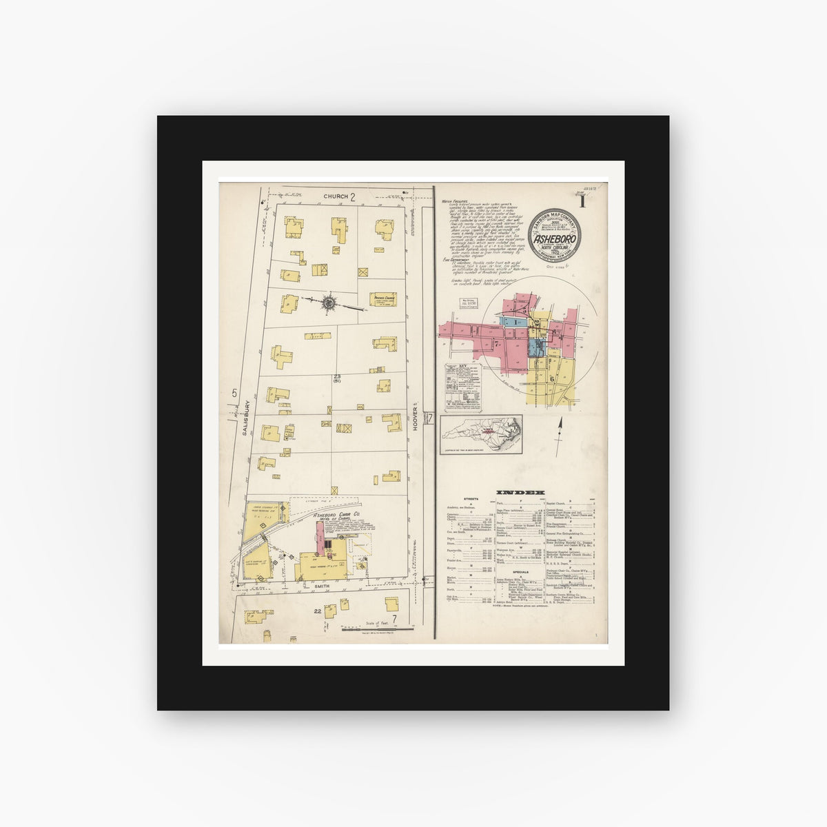Old map wall art mockup — black gallery frame with white mat — Sanborn Fire Insurance Map from Asheboro, Randolph County, North Carolina (1922), Sheet #0001