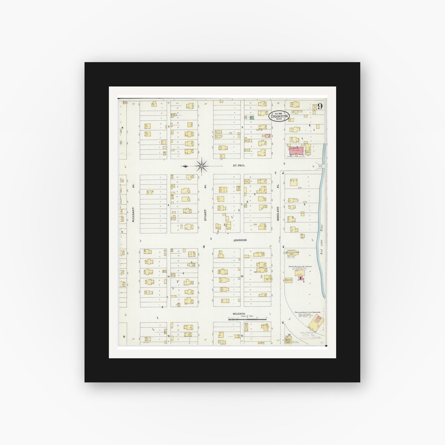 Old map wall art mockup — black gallery frame with white mat — Sanborn Fire Insurance Map from Crookston, Polk County, Minnesota (1906), Sheet #0009