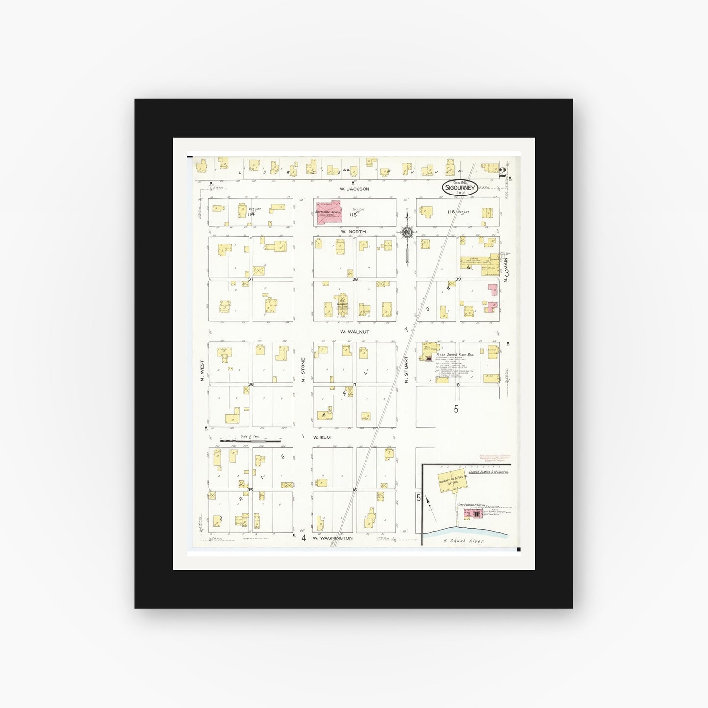 Old map wall art mockup β black gallery frame with white mat β Sanborn Fire Insurance Map from Sigourney, Kiokuk County, Iowa (1916), Sheet #0002