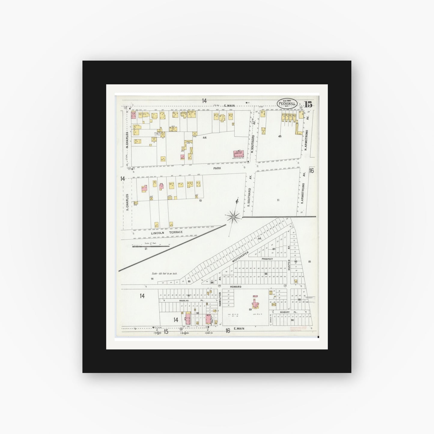 Old map wall art mockup — black gallery frame with white mat — Sanborn Fire Insurance Map from Peekskill, Westchester County, New York (1900), Sheet #0015