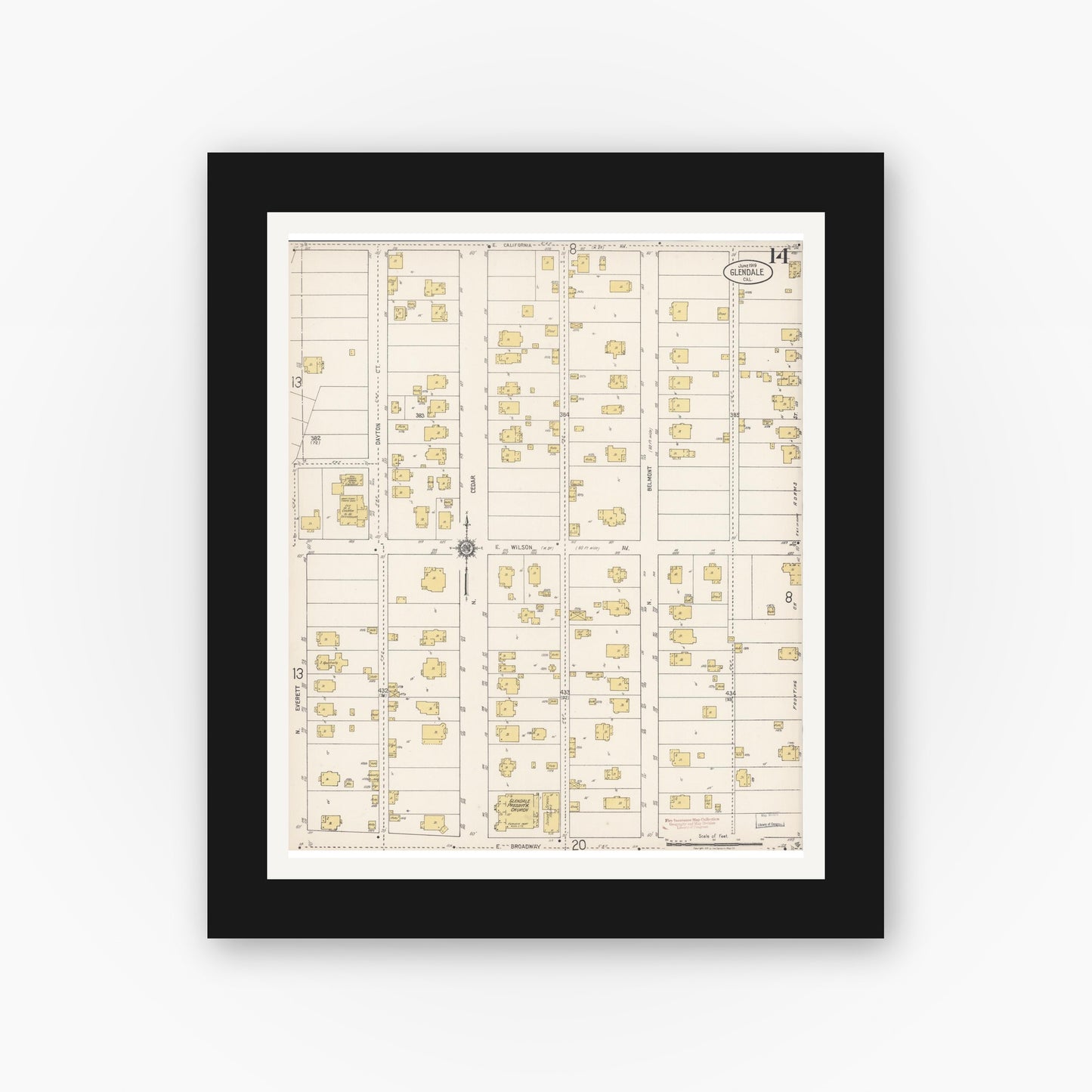 Old map wall art mockup — black gallery frame with white mat — Sanborn Fire Insurance Map from Glendale, Los Angeles County, California (1919), Sheet #0014