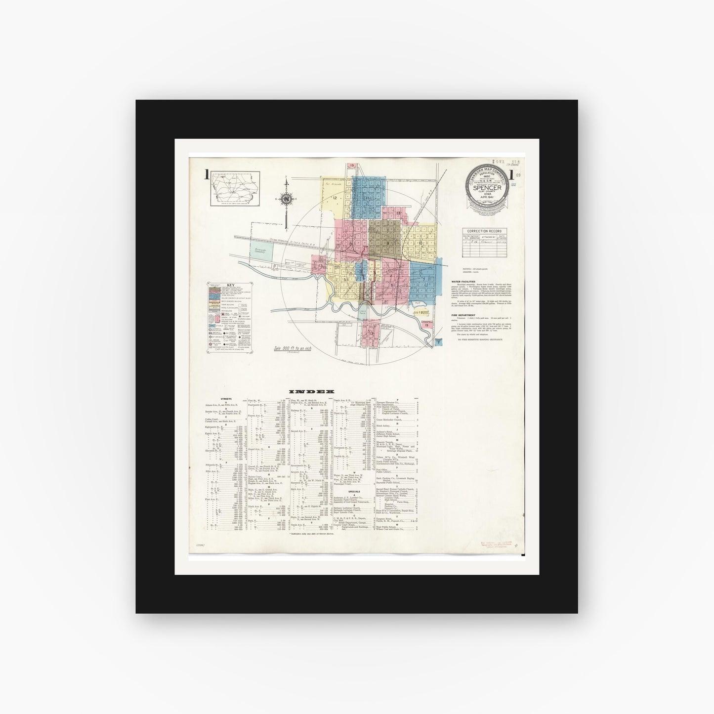 Old map wall art mockup — black gallery frame with white mat — Sanborn Fire Insurance Map from Spencer, Clay County, Iowa (1946) — Complete Set