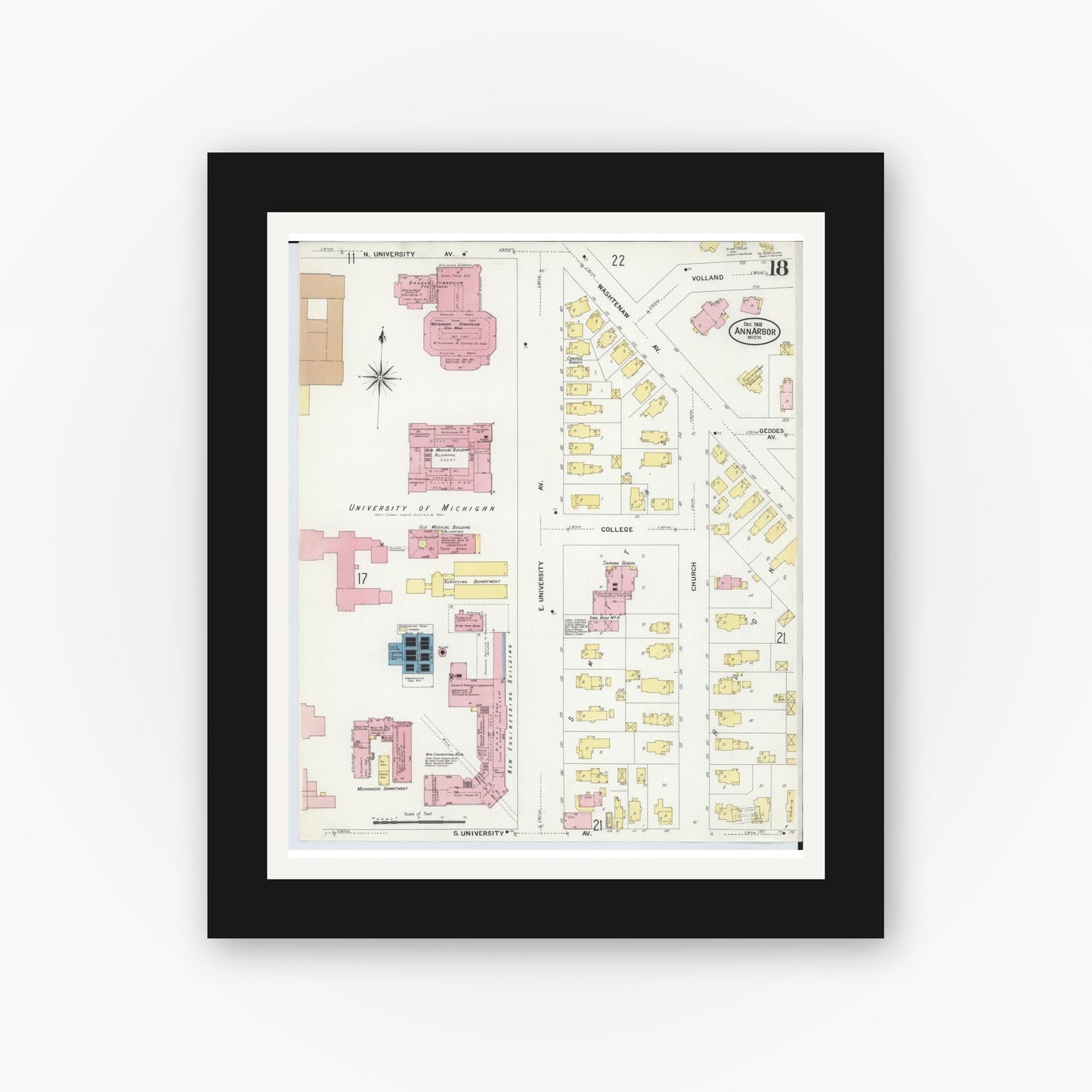 Old map wall art mockup — black gallery frame with white mat — Sanborn Fire Insurance Map from Ann Arbor, Washtenaw County, Michigan (1908), Sheet #0018