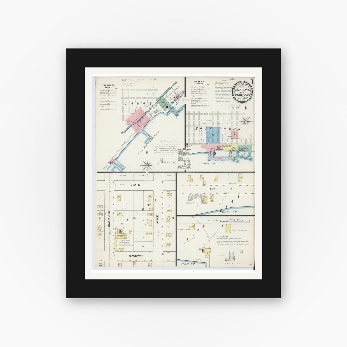 Old map wall art mockup — black gallery frame with white mat — Sanborn Fire Insurance Map from East Tawas, Iosco County, Michigan (1890) - Complete Map Set