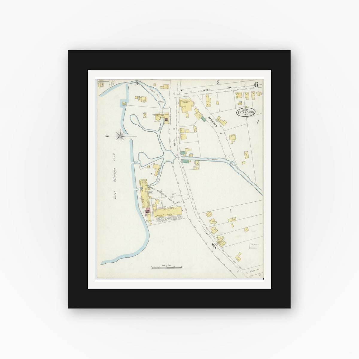 Old map wall art mockup — black gallery frame with white mat — Sanborn Fire Insurance Map from Patchogue, Suffolk County, New York (1897), Sheet #0006