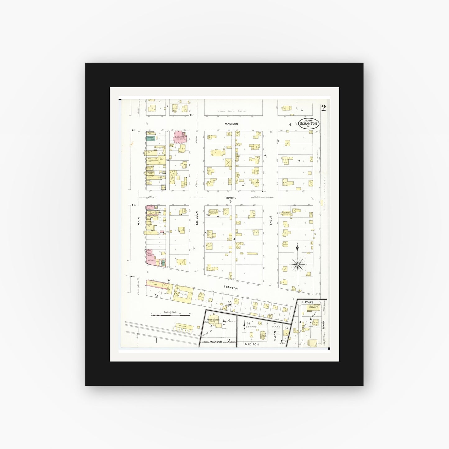 Old map wall art mockup — black gallery frame with white mat — Sanborn Fire Insurance Map from Scranton, Greene County, Iowa (1909), Sheet #0002