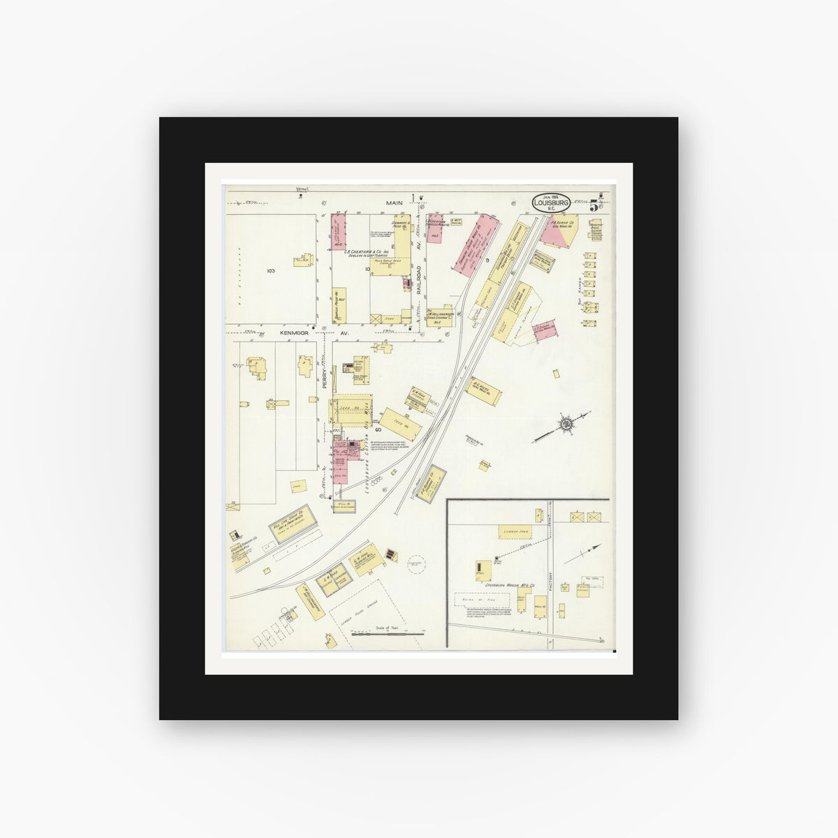 Old map wall art mockup β black gallery frame with white mat β Sanborn Fire Insurance Map from Louisburg, Franklin County, North Carolina (1914), Sheet #0005