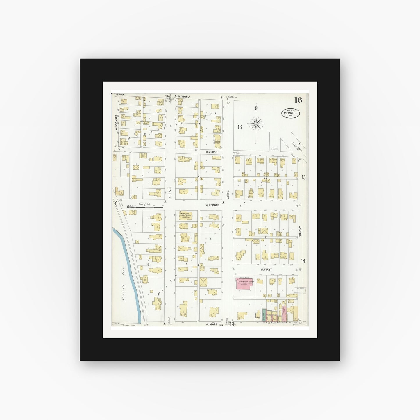 Old map wall art mockup — black gallery frame with white mat — Sanborn Fire Insurance Map from Merrill, Lincoln County, Wisconsin (1907), Sheet #0016