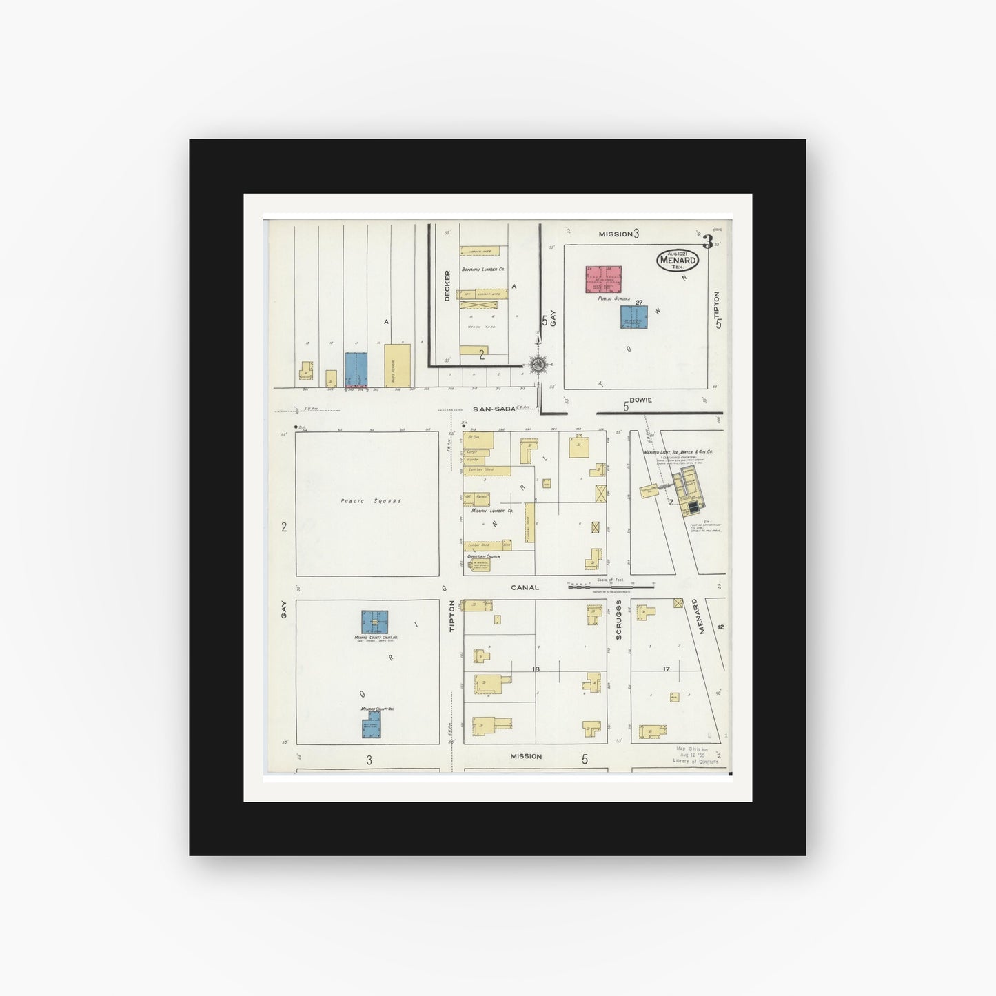 Old map wall art mockup — black gallery frame with white mat — Sanborn Fire Insurance Map from Menard, Menard County, Texas (1921), Sheet #0003