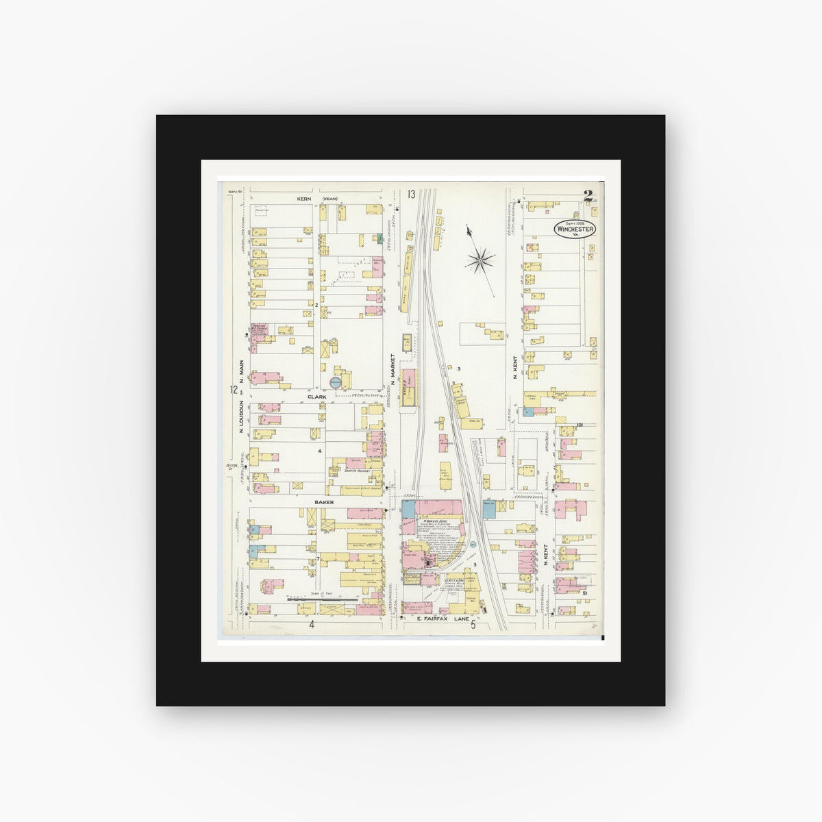 Old map wall art mockup — black gallery frame with white mat — Sanborn Fire Insurance Map from Winchester, Independent Cities, Virginia (1908), Sheet #0002