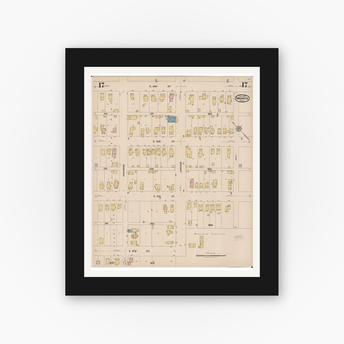 Old map wall art mockup — black gallery frame with white mat — Sanborn Fire Insurance Map from Monroe, Monroe County, Michigan (1922), Sheet #0017