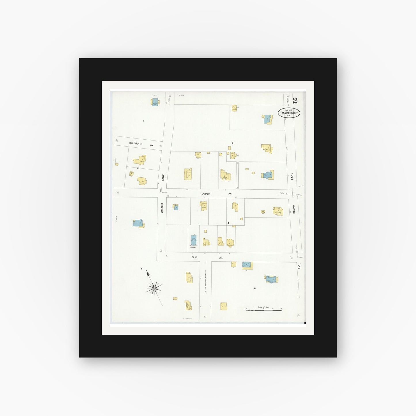Old map wall art mockup — black gallery frame with white mat — Sanborn Fire Insurance Map from Swarthmore, Delaware County, Pennsylvania (1909), Sheet #0002