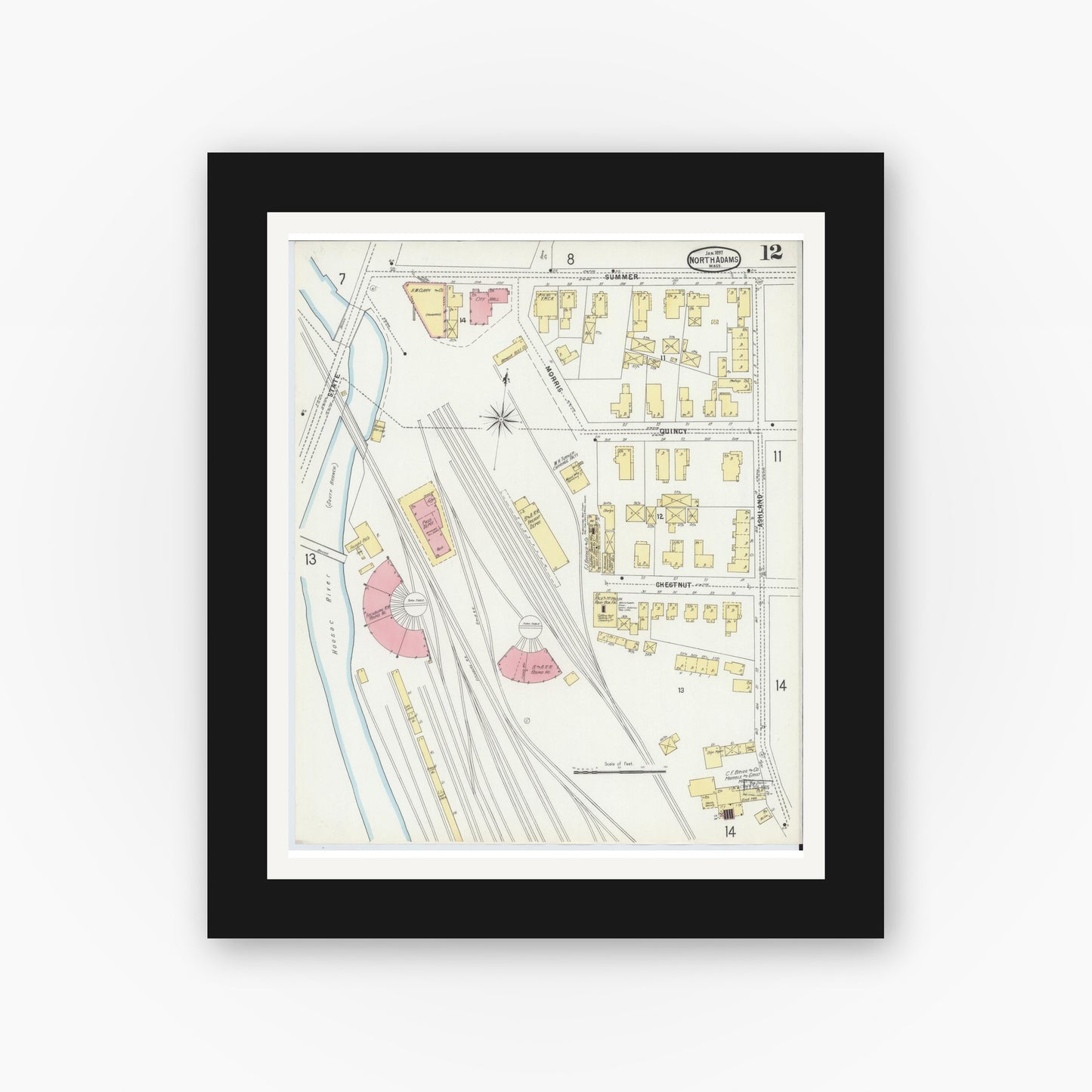 Old map wall art mockup — black gallery frame with white mat — Sanborn Fire Insurance Map from North Adams, Berkshire County, Massachusetts (1897), Sheet #0012