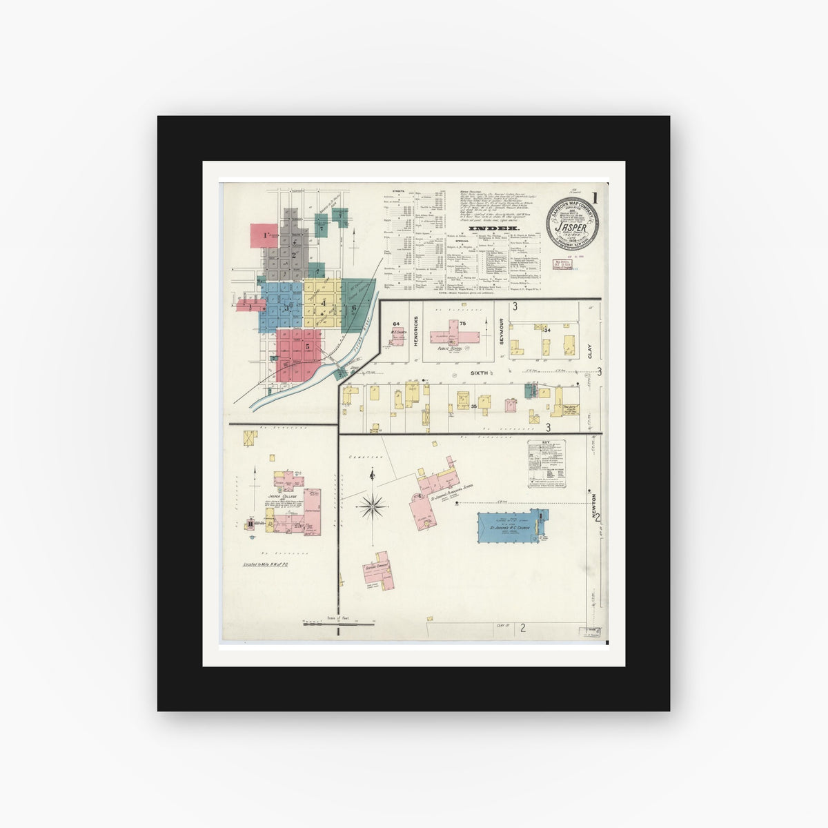 Old map wall art mockup — black gallery frame with white mat — Sanborn Fire Insurance Map from Jasper, Dubois County, Indiana (1909) - Complete Map Set