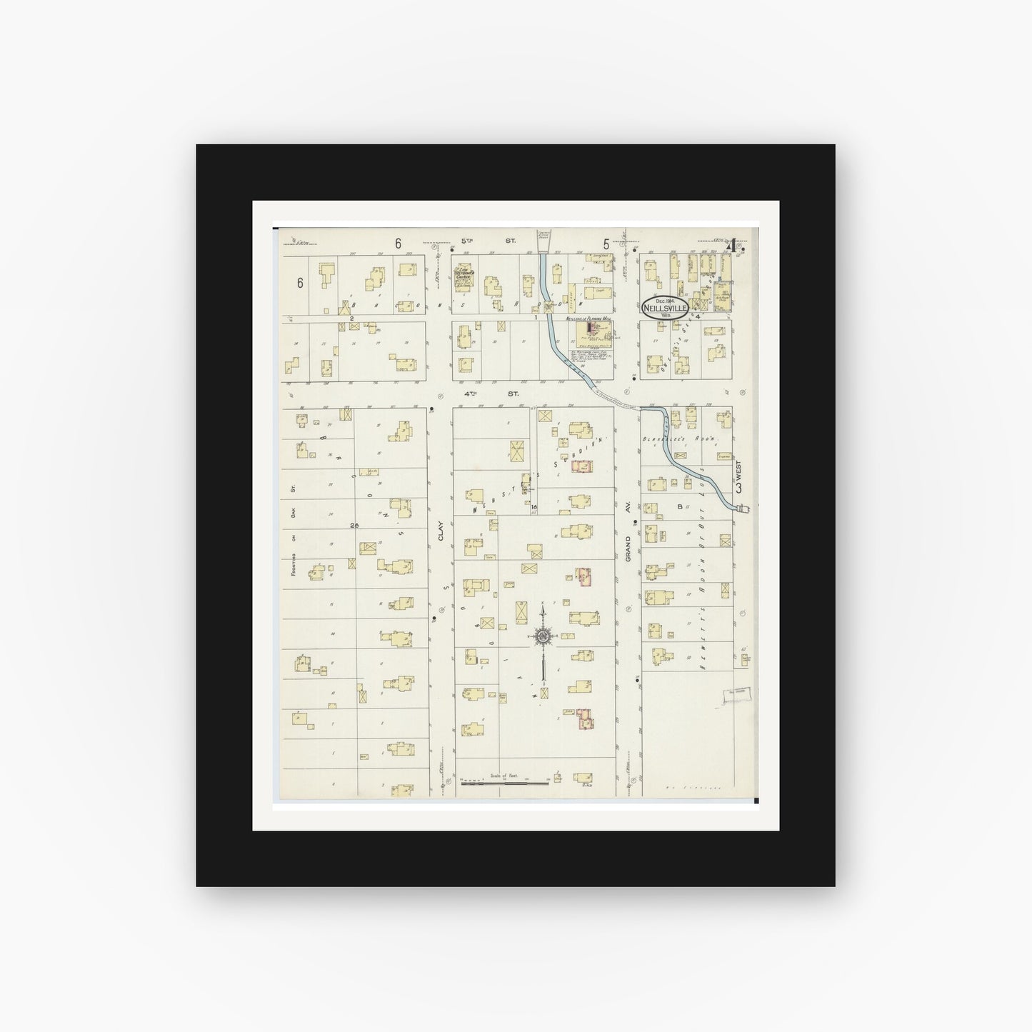 Old map wall art mockup — black gallery frame with white mat — Sanborn Fire Insurance Map from Neillsville, Clark County, Wisconsin (1914), Sheet #0004