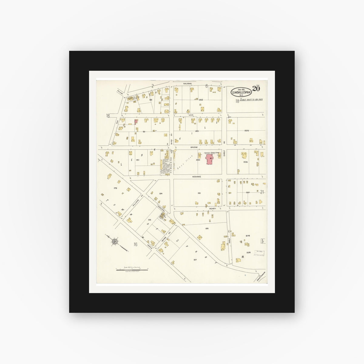 Old map wall art mockup — black gallery frame with white mat — Sanborn Fire Insurance Map from Leaksville-spray, Rockingham County, North Carolina (1921), Sheet #0020