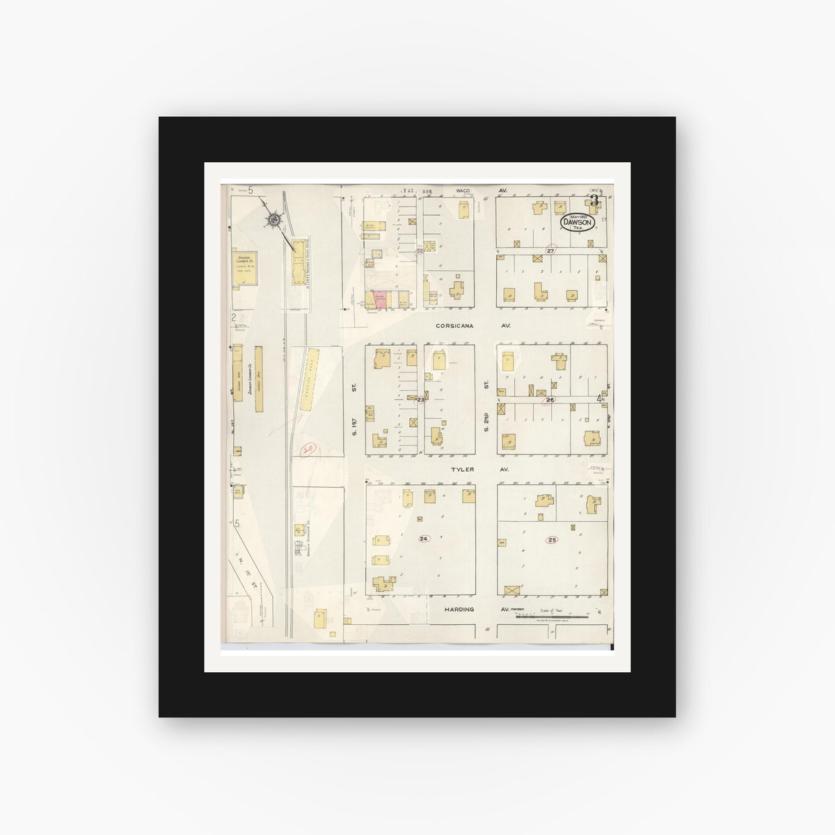 Old map wall art mockup — black gallery frame with white mat — Sanborn Fire Insurance Map from Dawson, Navarro County, Texas (1943), Sheet #0003