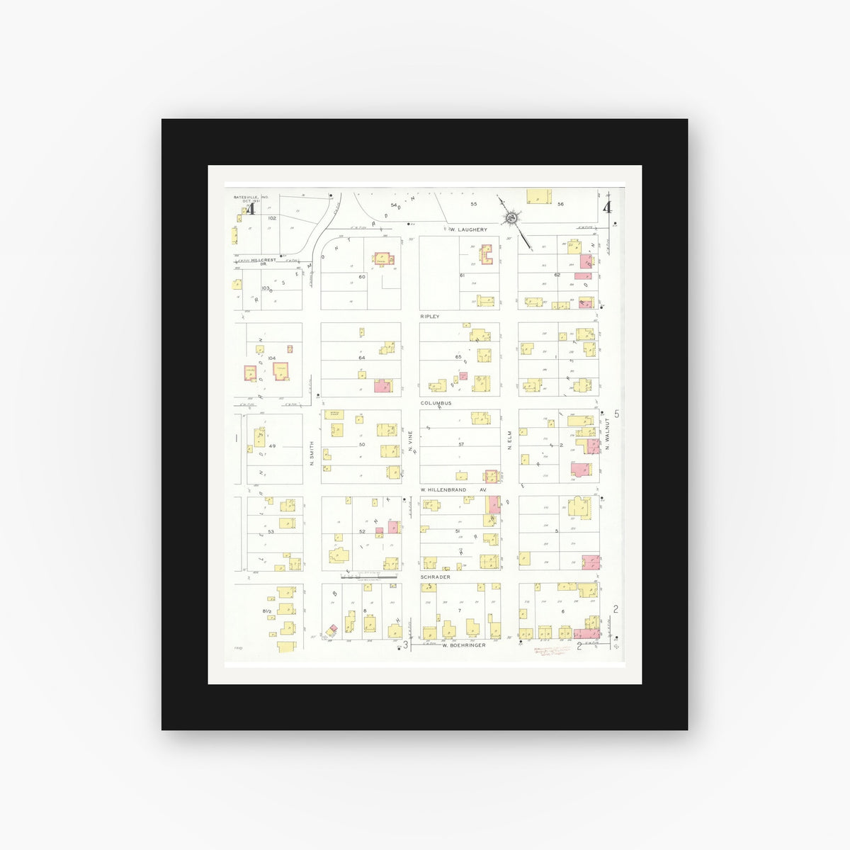 Old map wall art mockup — black gallery frame with white mat — Sanborn Fire Insurance Map from Batesville, Ripley County, Indiana (1931), Sheet #0004