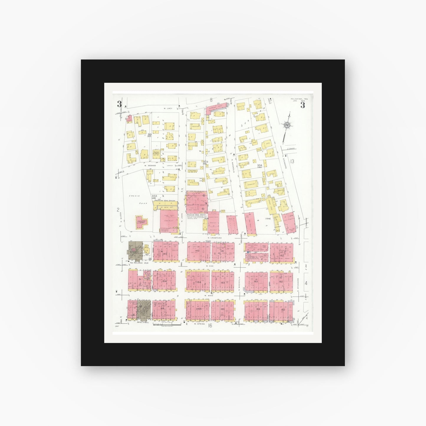 Old map wall art mockup — black gallery frame with white mat — Sanborn Fire Insurance Map from Palestine, Anderson County, Texas (1935), Sheet #0003