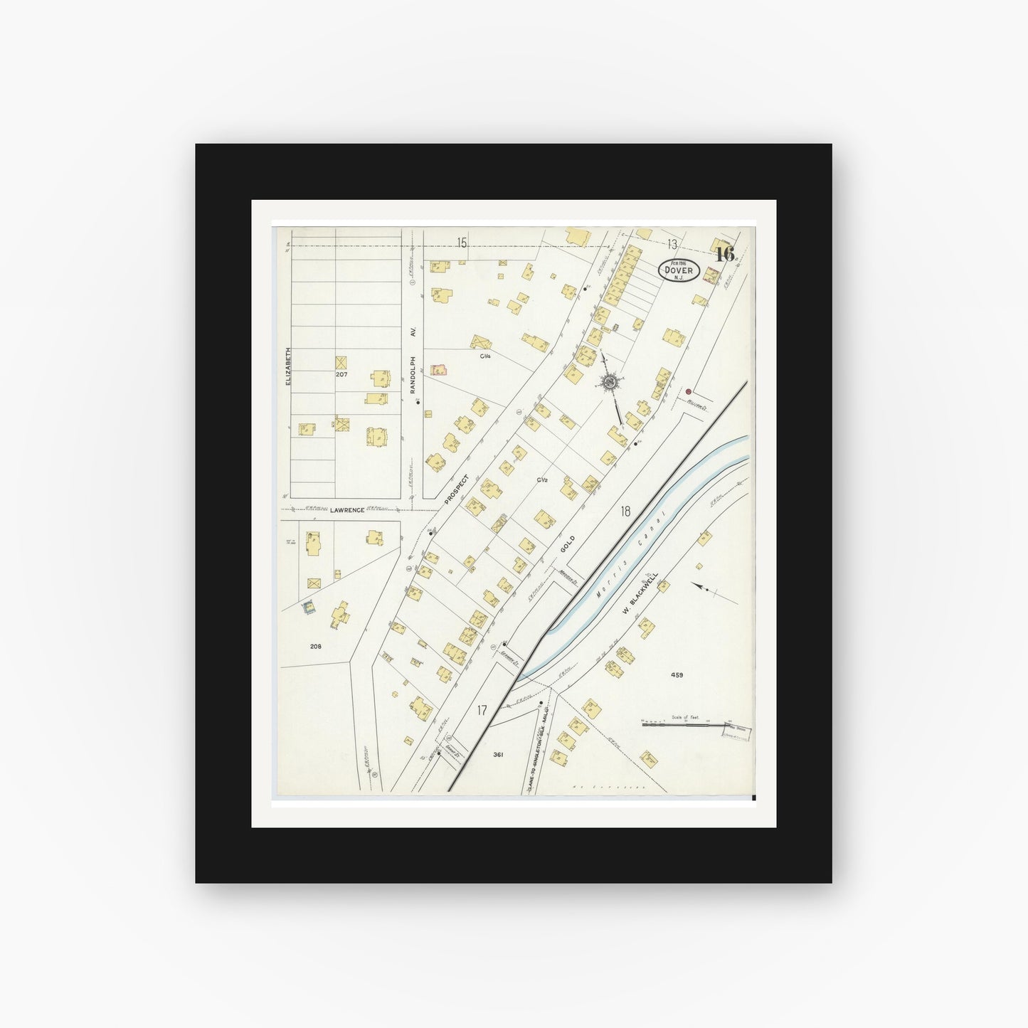 Old map wall art mockup — black gallery frame with white mat — Sanborn Fire Insurance Map from Dover, Morris County, New Jersey (1916), Sheet #0016