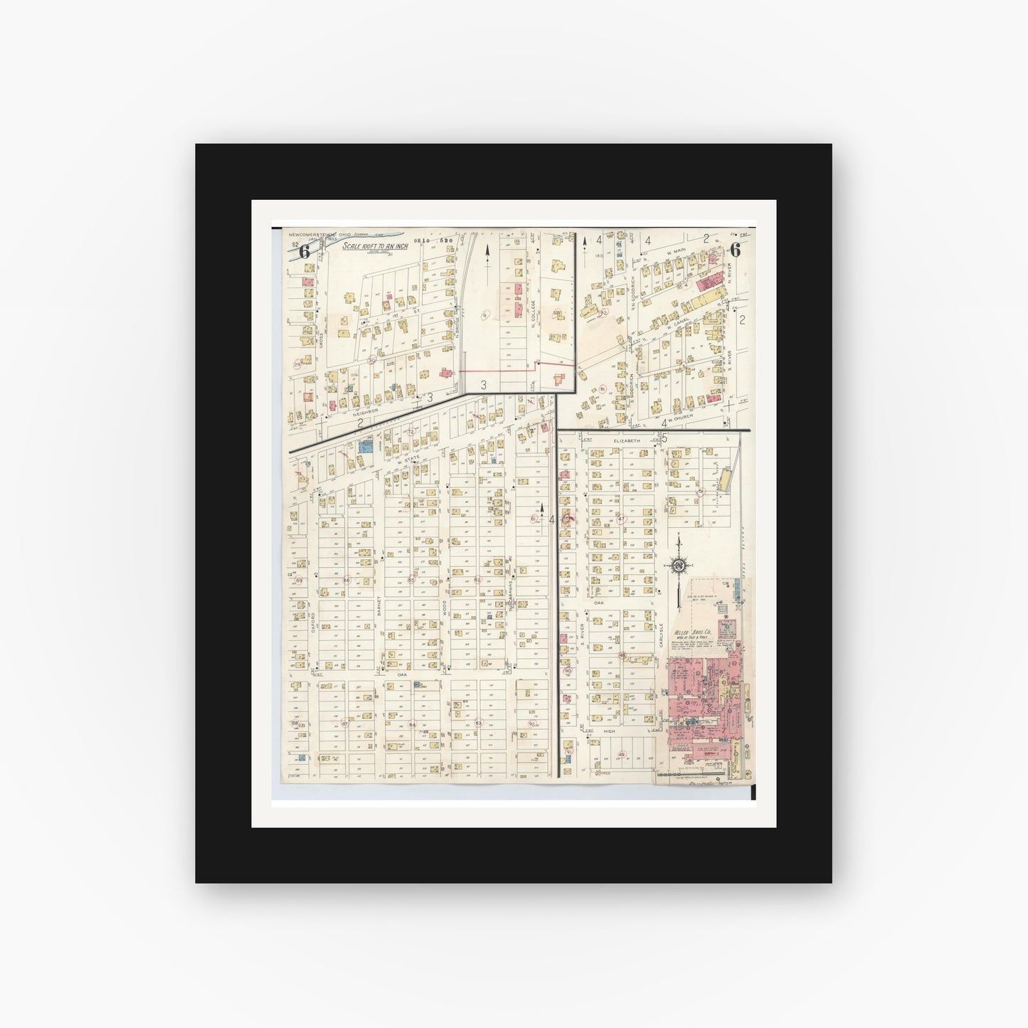 Old map wall art mockup — black gallery frame with white mat — Sanborn Fire Insurance Map from Newcomerstown, Tuscarawas County, Ohio (1933), Sheet #0006