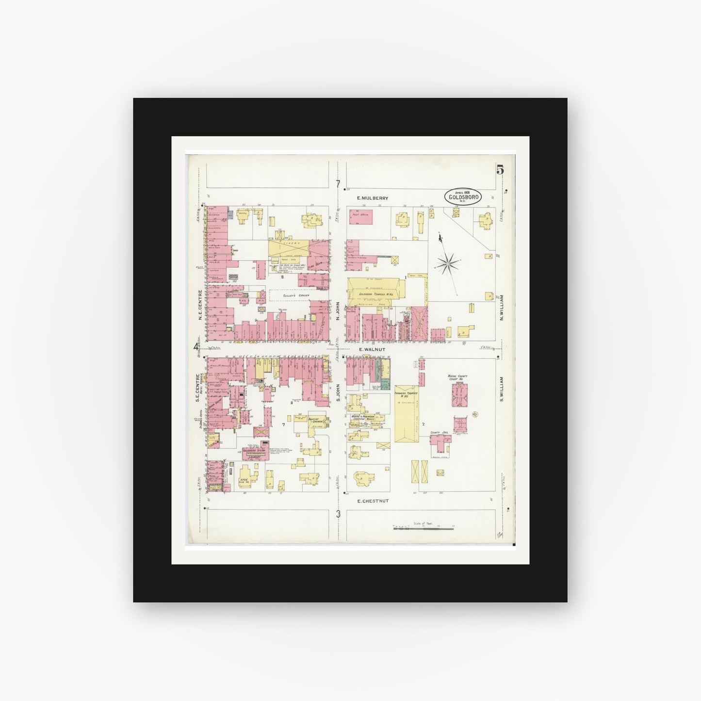 Old map wall art mockup — black gallery frame with white mat — Sanborn Fire Insurance Map from Goldsboro, Wayne County, North Carolina (1908), Sheet #0005