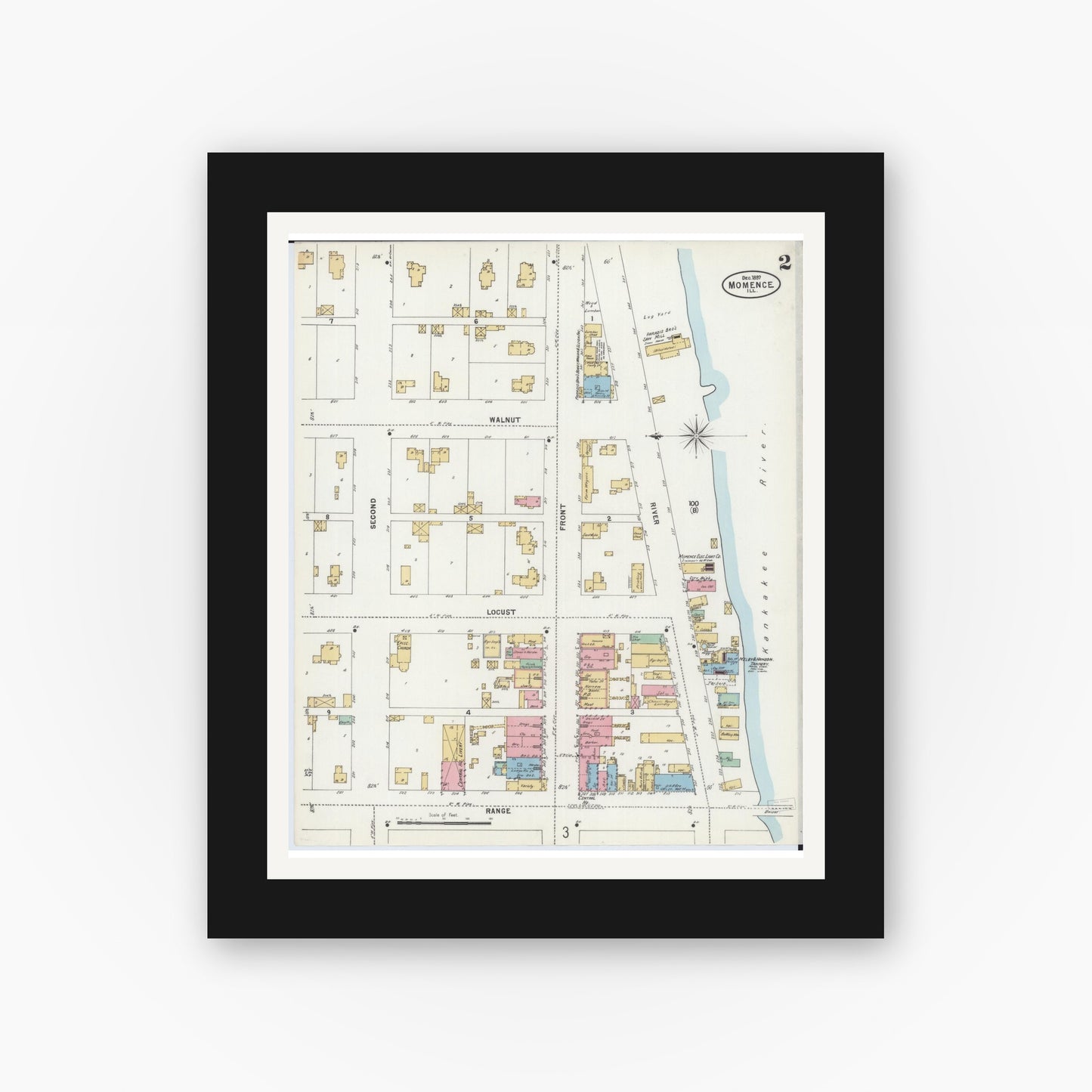 Old map wall art mockup — black gallery frame with white mat — Sanborn Fire Insurance Map from Momence, Kankakee County, Illinois (1897), Sheet #0002