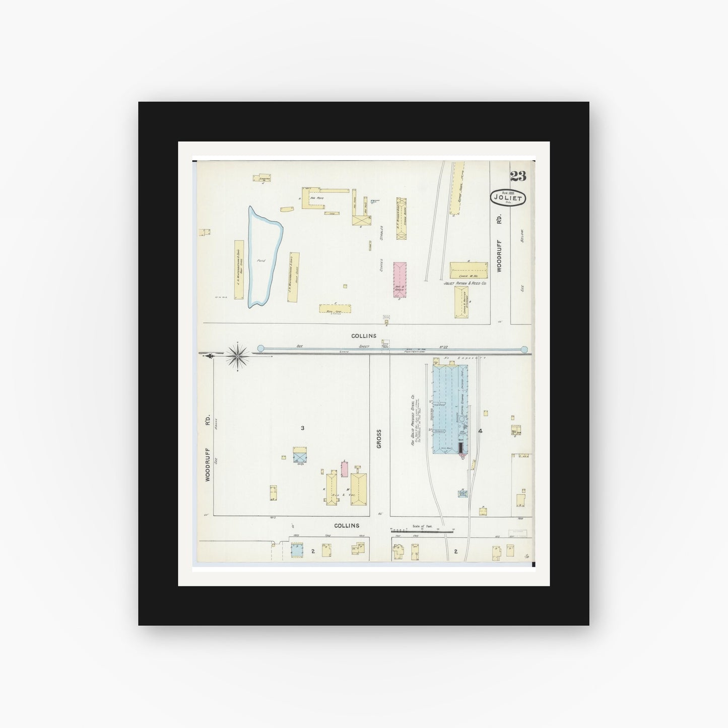 Old map wall art mockup — black gallery frame with white mat — Sanborn Fire Insurance Map from Joliet, Will County, Illinois (1891), Sheet #0023
