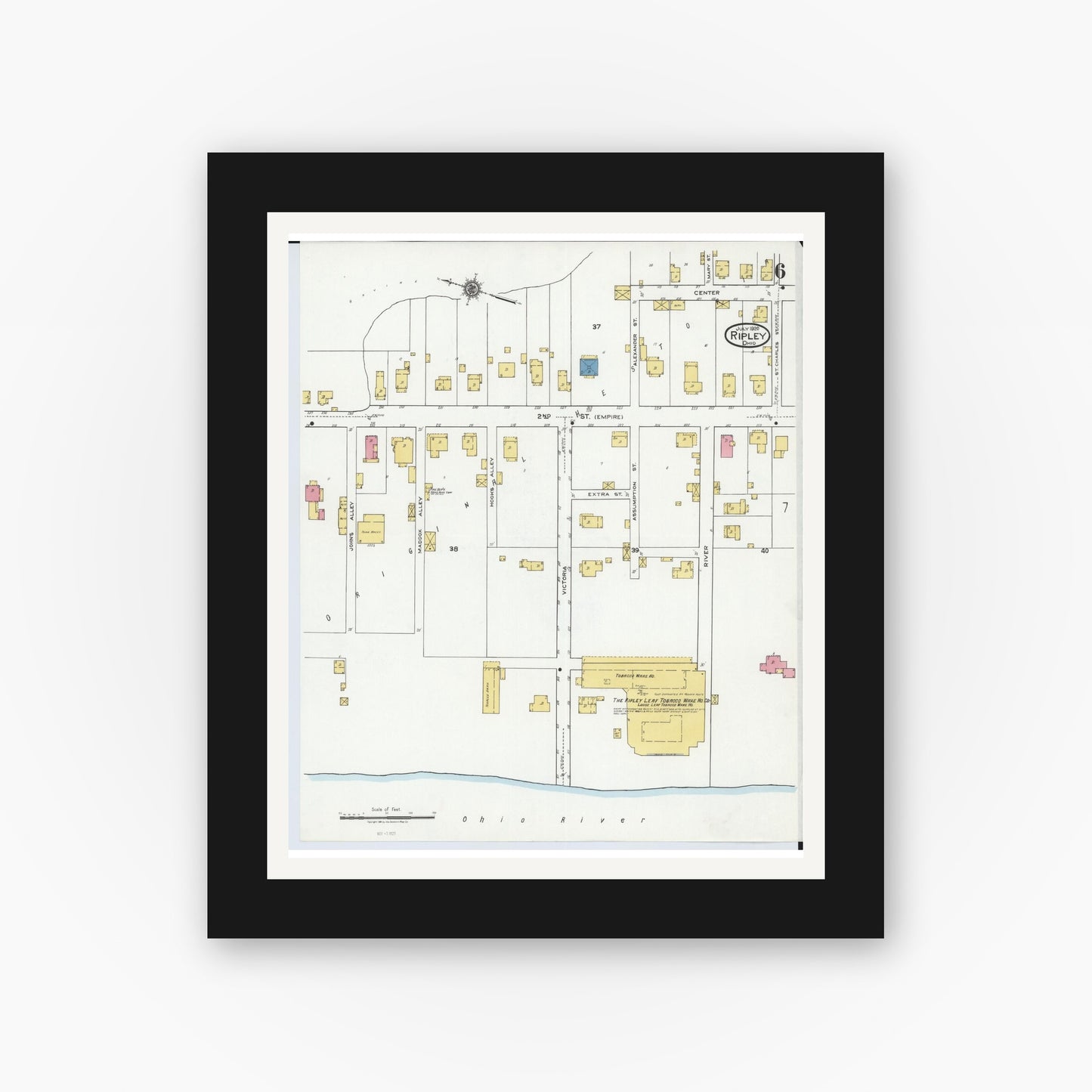 Old map wall art mockup — black gallery frame with white mat — Sanborn Fire Insurance Map from Ripley, Brown County, Ohio (1920), Sheet #0006