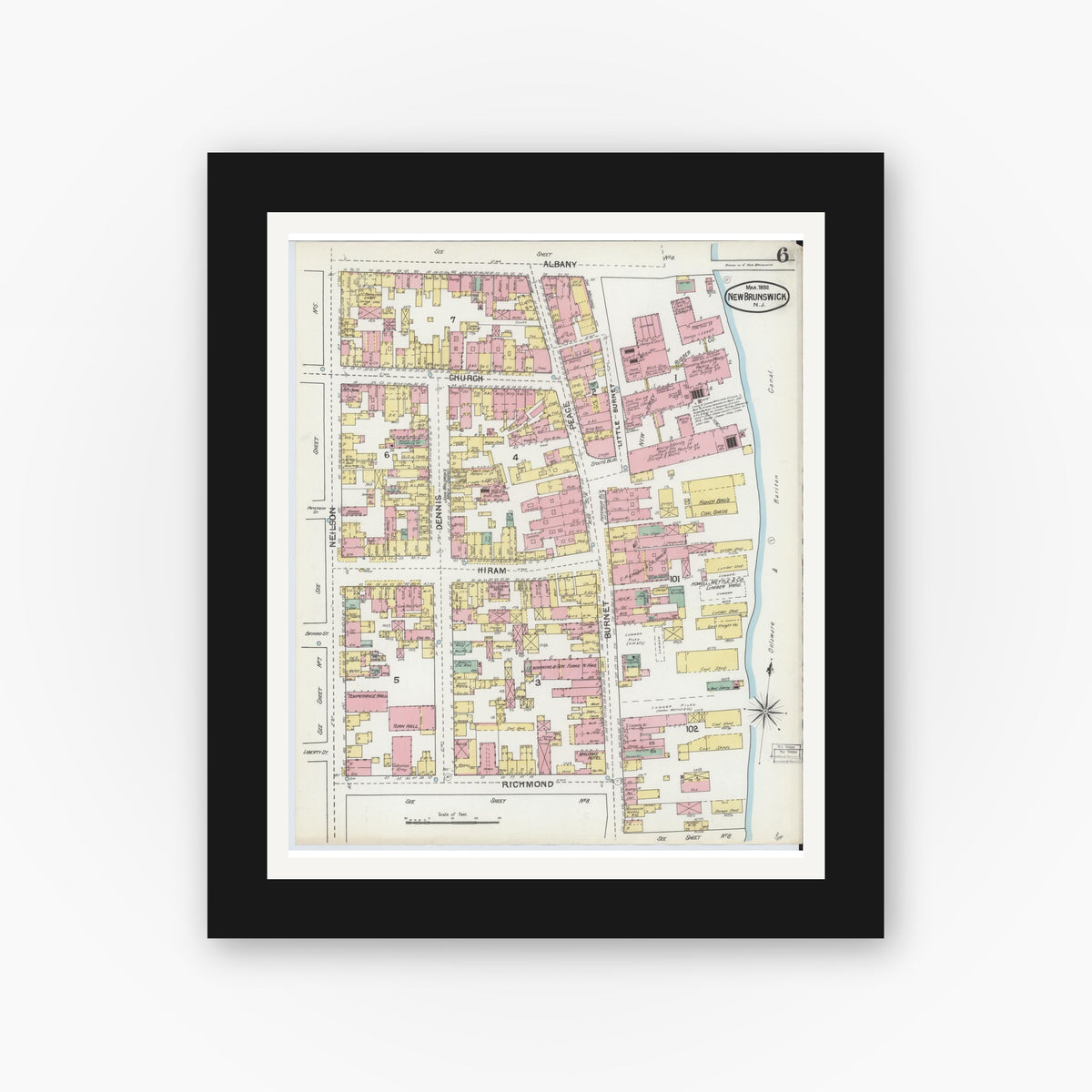 Old map wall art mockup — black gallery frame with white mat — Sanborn Fire Insurance Map from New Brunswick, Middlesex County, New Jersey (1892), Sheet #0006
