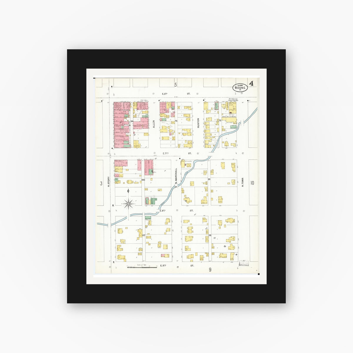Old map wall art mockup — black gallery frame with white mat — Sanborn Fire Insurance Map from Boone, Boone County, Iowa (1900), Sheet #0004