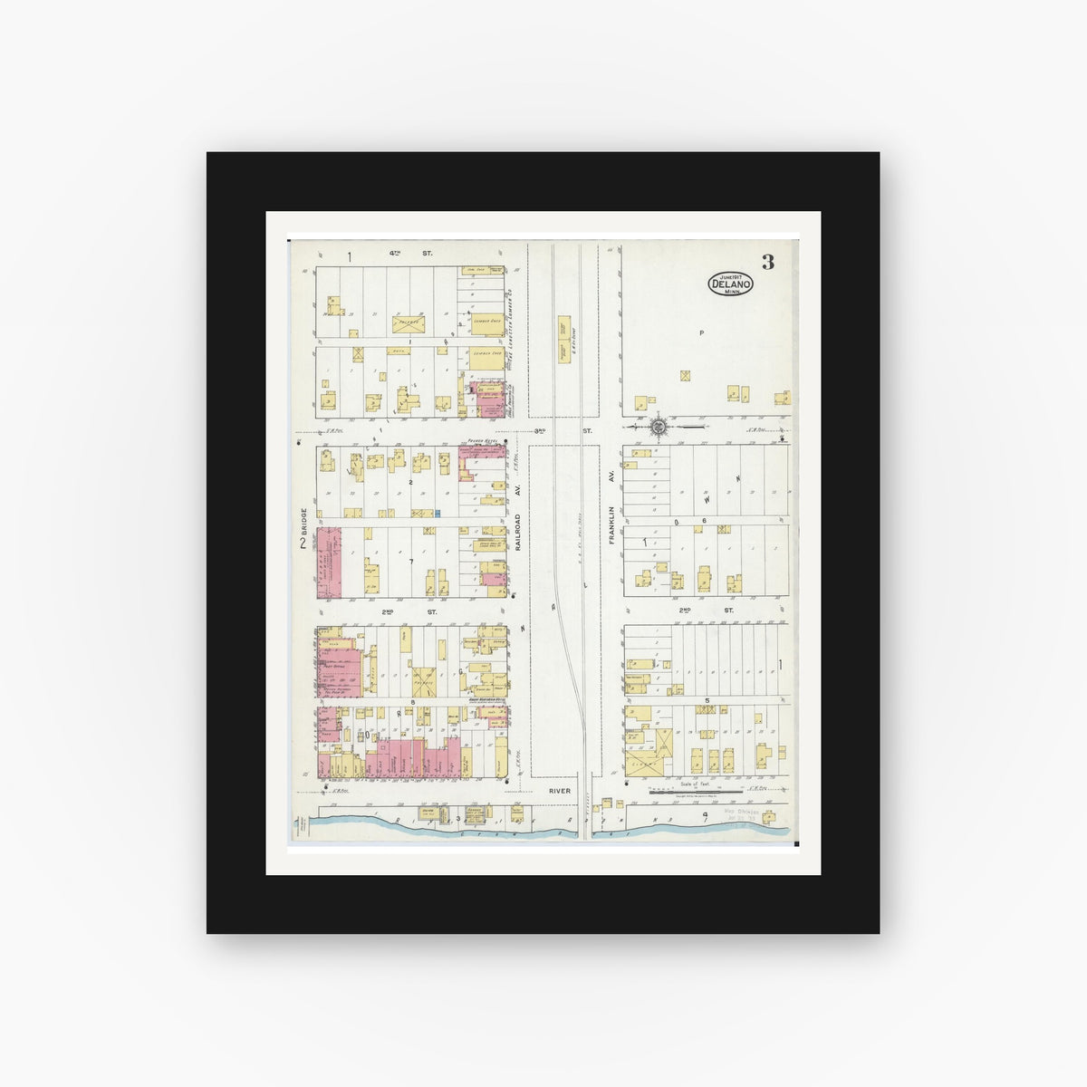 Old map wall art mockup — black gallery frame with white mat — Sanborn Fire Insurance Map from Delano, Wright County, Minnesota (1917), Sheet #0003