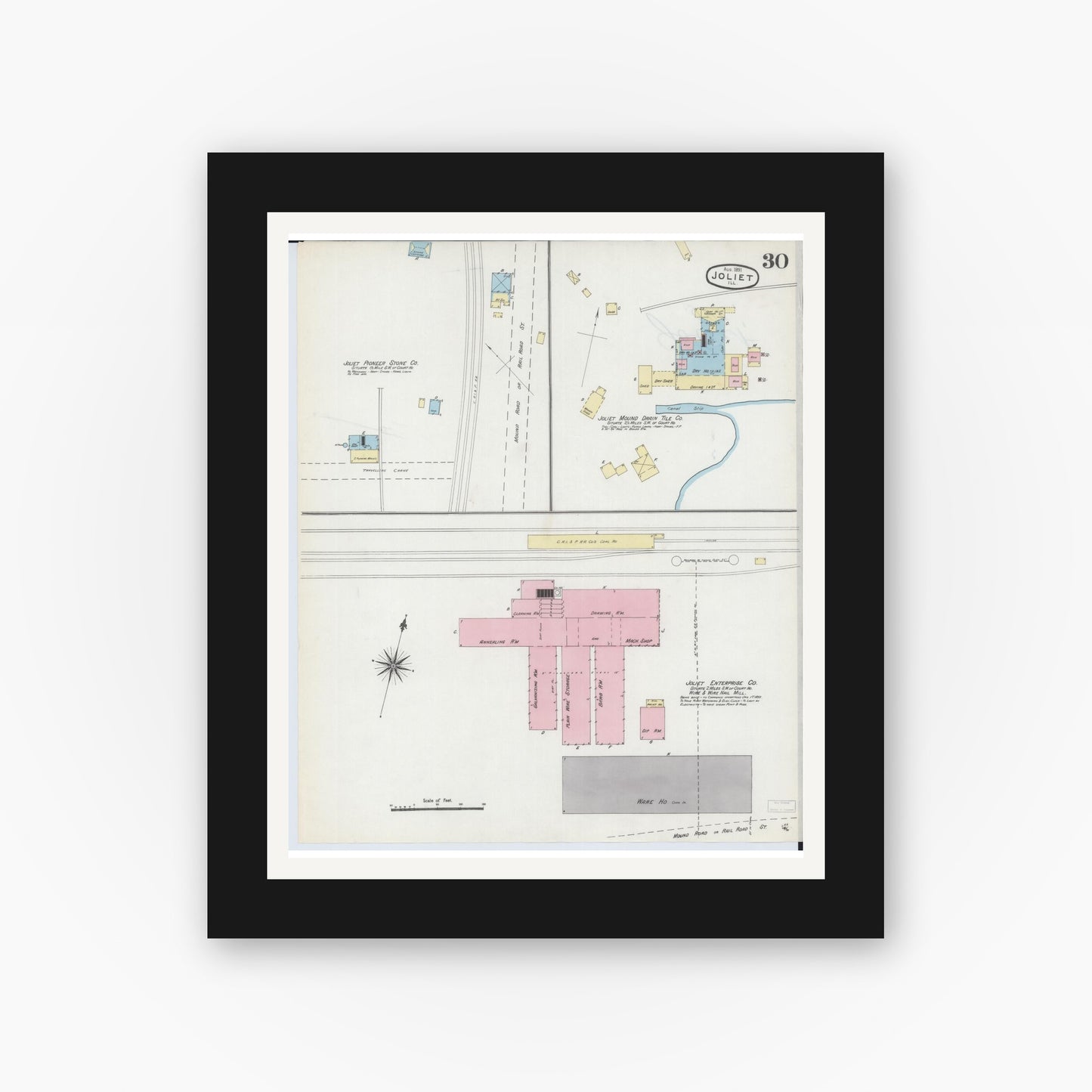 Old map wall art mockup — black gallery frame with white mat — Sanborn Fire Insurance Map from Joliet, Will County, Illinois (1891), Sheet #0030