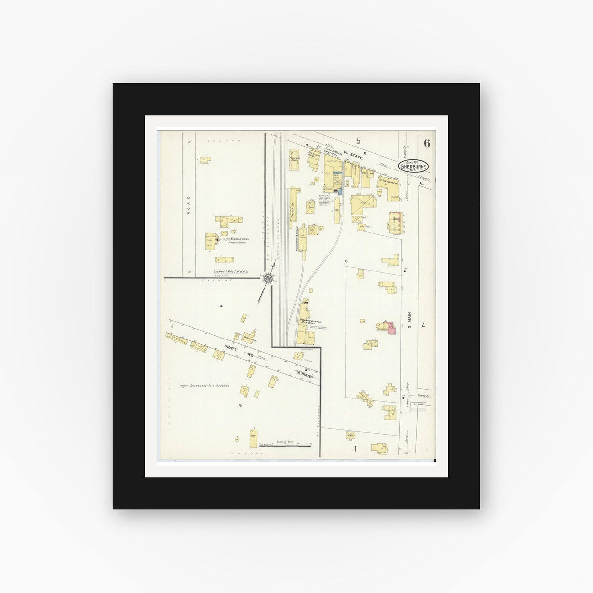 Old map wall art mockup — black gallery frame with white mat — Sanborn Fire Insurance Map from Sherburne, Chenango County, New York (1911), Sheet #0006