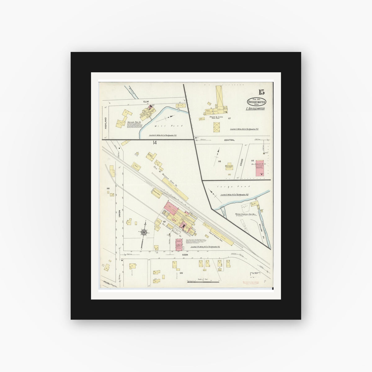 Old map wall art mockup — black gallery frame with white mat — Sanborn Fire Insurance Map from Bridgewater, Plymouth County, Massachusetts (1912), Sheet #0015