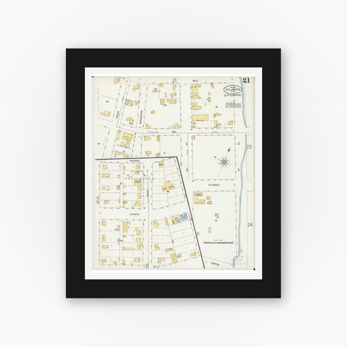 Old map wall art mockup — black gallery frame with white mat — Sanborn Fire Insurance Map from Stillwater, Washington County, Minnesota (1898), Sheet #0021